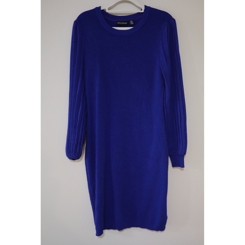 Minimalist Nina Leonard Sweater Dress L Royal Blue Pleated Ribbed Sleeve